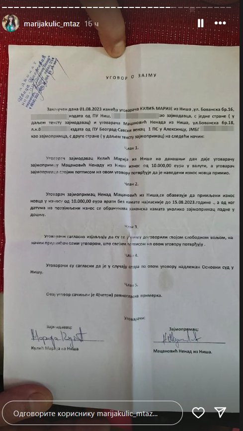 CRNO NA BELO! Marija Kulić rešila da NE ĆUTI, pa objavila ugovor o pozajmici Bebici od 10.000 evra, a tek da vidite na kojoj adresi je PRIJAVLJEN! Kako li će se sad izvući?! (FOTO)
