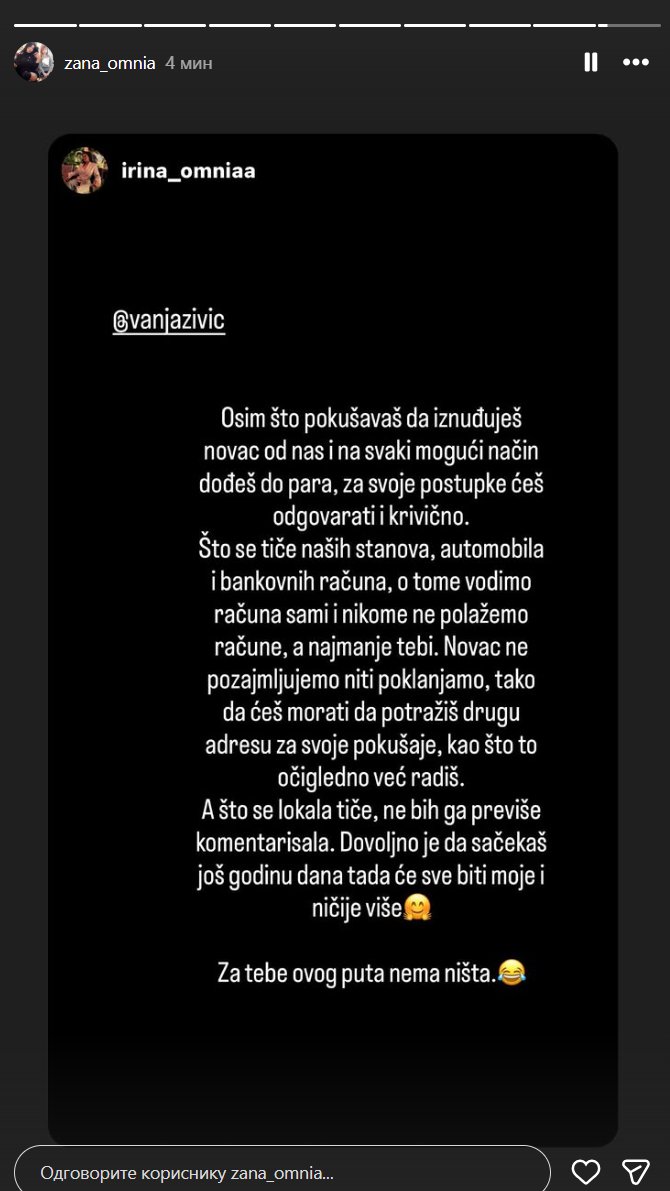 RAT NE PRESTAJE! Nakon prozivki Vanje Živić upućenih Žani, oglasila se Irina Omnija, brutalno odgovorila maminoj bivšoj drugarici:  NE ZNAM ŠTA ĆU SA MAMINIM FANOVIMA
