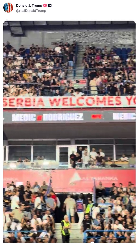 AMERIČKI PREDSEDNIK ODUŠEVLJEN PORUKOM IZ SRBIJE! Željko Mitrović reagovao na TRANSPARENT posvećen Donaldu Trampu koji je razvijen u Beogradskoj areni, pa poručio: Ovo je SLIKA GODINE (FOTO)