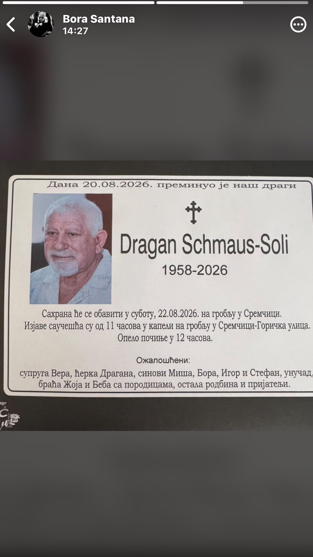 Bora Santana objavio umrlicu svog oca: Jedan detalj ostavio sve bez teksta (FOTO)