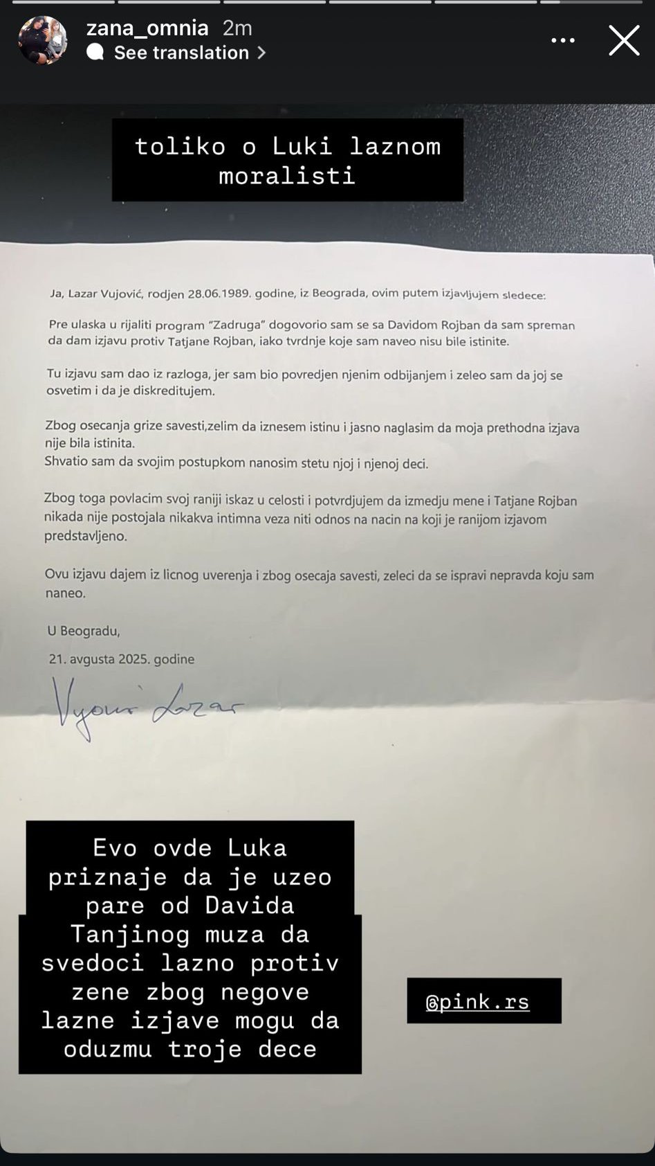 DOKAZ CRNO NA BELO! Žana javno objavila Lukine izjave u kojim PRIZNAJE  da je uzeo novac da LAŽNO SVEDOČI na sudu (FOTO)