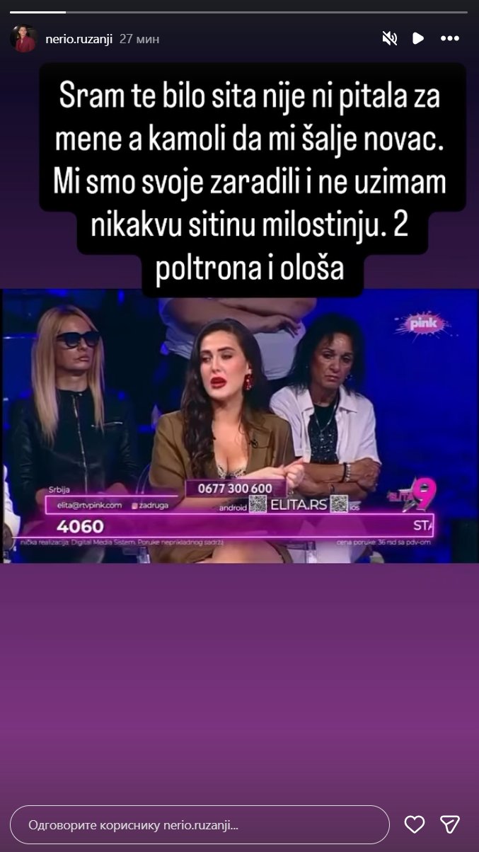 NE UZIMAM SITINU MILOSTINJU! Nerio besan kao ris, demantovao priče Anastasije i Pečenice da mu majka šalje pare: Dva poltrona i ološa!