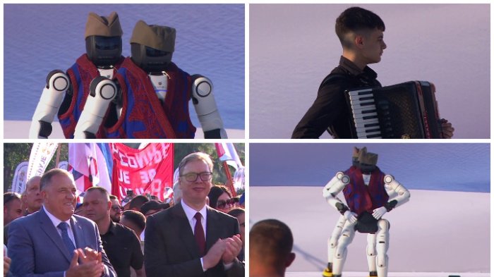 MILUTIN I DRAGUTIN ZAIGRALI MORAVAC NA SKUPU! Prvi srpski roboti uz zvuke harmonike Vuka Đokića: Pogledajte SPEKTAKULARNI NASTUP ispred Skupštine (VIDEO)