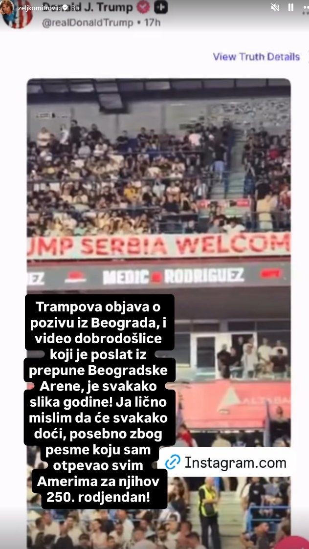 AMERIČKI PREDSEDNIK ODUŠEVLJEN PORUKOM IZ SRBIJE! Željko Mitrović reagovao na TRANSPARENT posvećen Donaldu Trampu koji je razvijen u Beogradskoj areni, pa poručio: Ovo je SLIKA GODINE (FOTO)