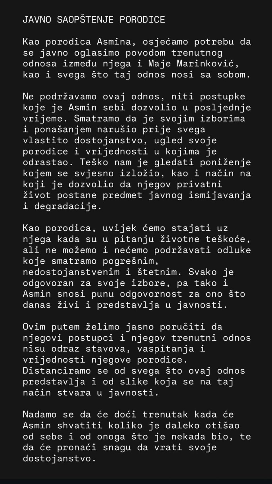 Porodica se JAVNO distancirala od Asmina! Izdali saopštenje, razočarani njegovim ponašanjem: Dozvolio je da njegov život bude predmet ISMEVANJA