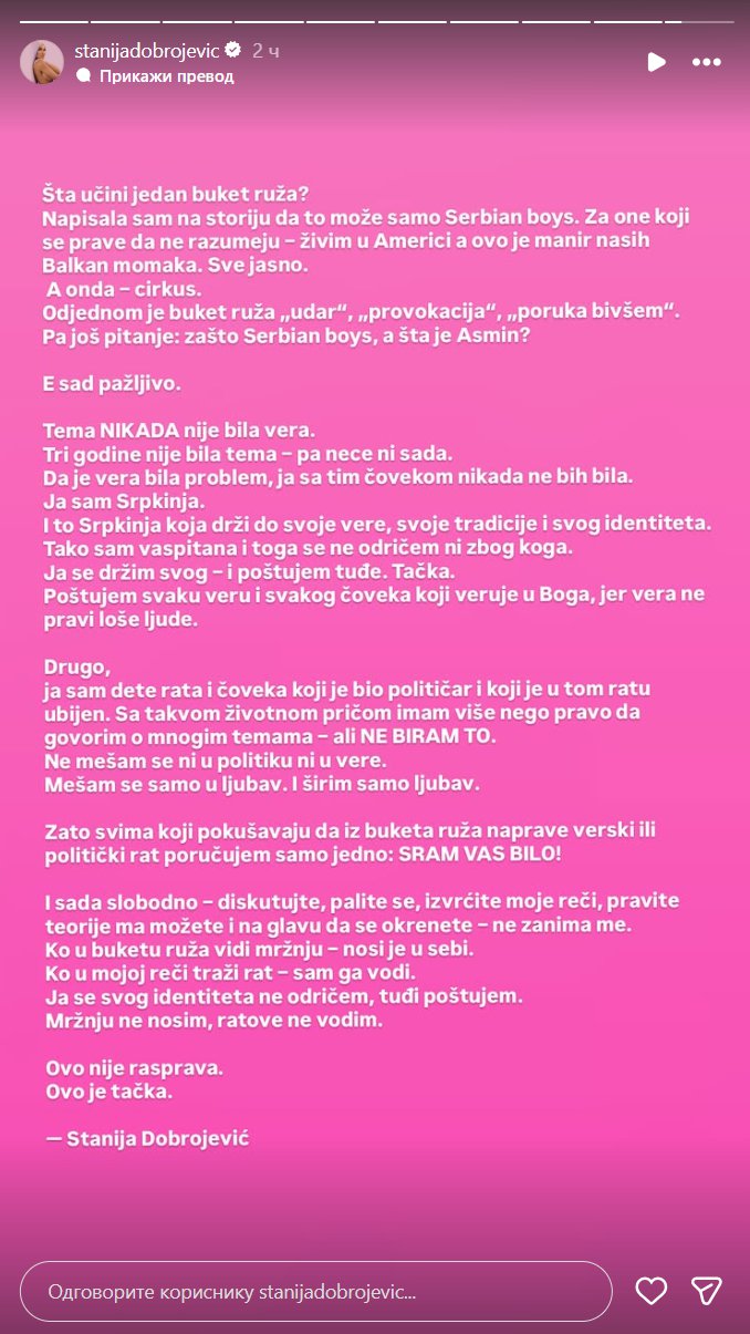 Nakon što je usijala sve objavom ruža, oglasila se Stanija! Rešila da stane na put svim nagađanjima: Ko u ovome vidi mržnju, NOSI JE U SEBI, tačka! (FOTO)