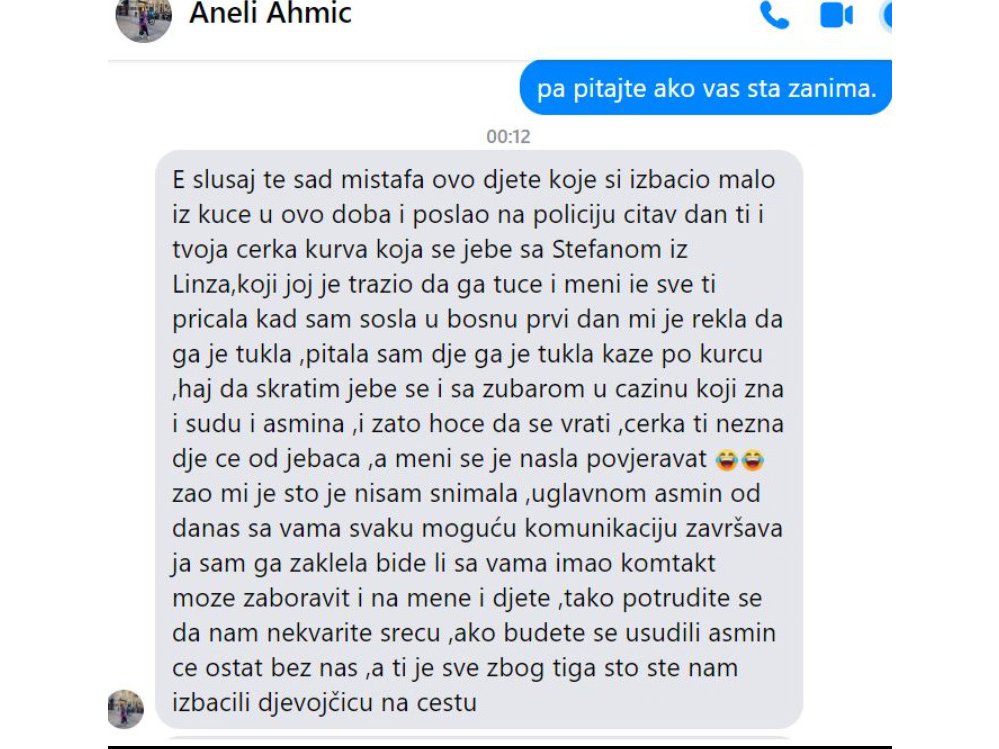 OD OVIH REČI ĆETE SE NAJEŽITI! Isplivala privatna prepiska Aneli i Mustafe, ona zabranila Asminu da se javi ocu, pa mu poručila da opšti s ćerkom: Minka ti je k*rva!