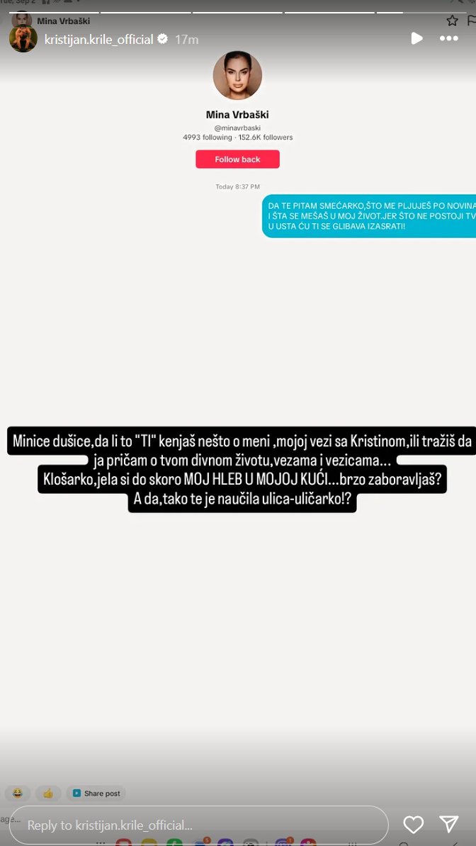 Jela si hleb u mojoj kući, ULIČARKO: Bukti rat Kristijana i Mine Vrbaški! Ona otkrila da ju je razočarao, on je odmah izvređao (FOTO)